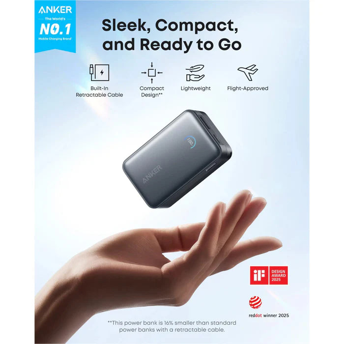 Anker Nano Power Bank (10K, 45W, Built-In Retractable USB-C Cable) - A1638